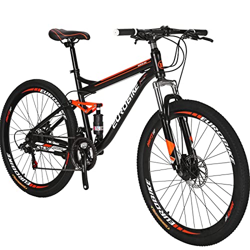 EUROBIKE Full Suspension Mountain Bike 21 Speed Bicycle 27.5" Men's Disc Brakes Orange