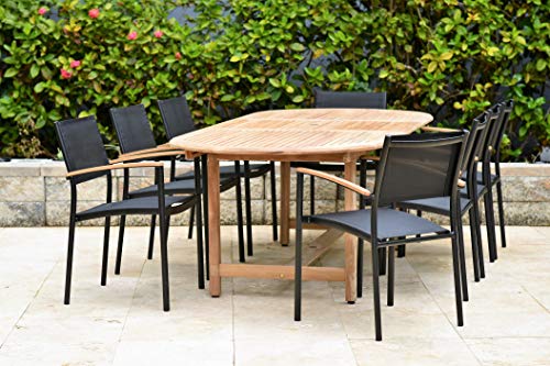 Amazonia Kenneth 9-Piece Oval Patio Dining Set Teak Wood Black Sling Chairs Black