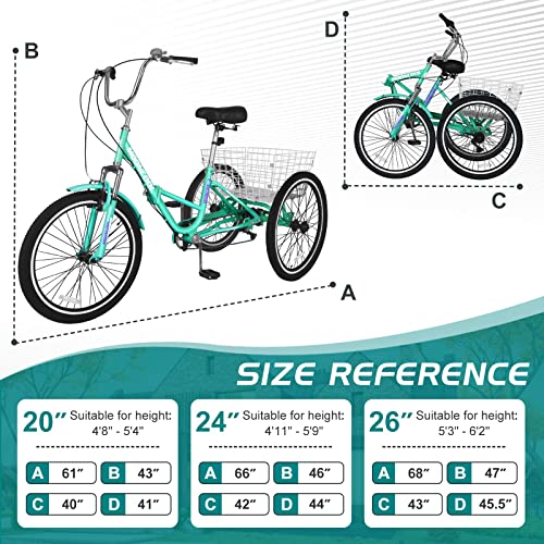 LILYPELLE Adult Folding Tricycle 7 Speed 26 inch Light Green