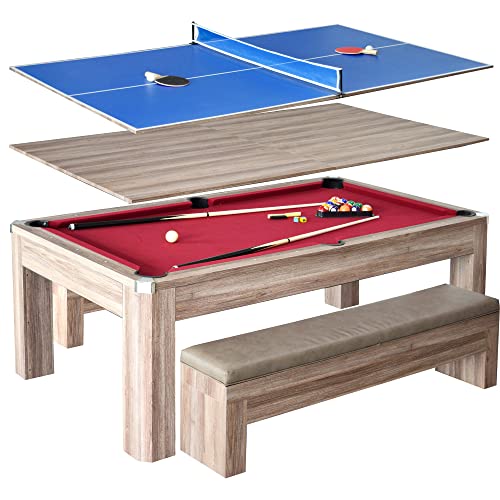Hathaway Newport 7-ft Pool Table Tennis Combination with Dining Top, Two Storage Benches - Woodtone