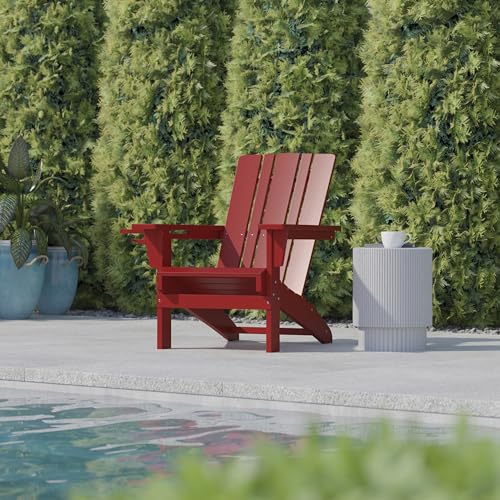 BizChair Adirondack Chairs Set of 4 with Cup Holders, Weather Resistant Poly Resin Red