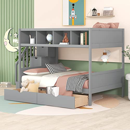 BOVZA Twin Over Full Bunk Bed with Storage Shelves, Drawers & Staircase Grey