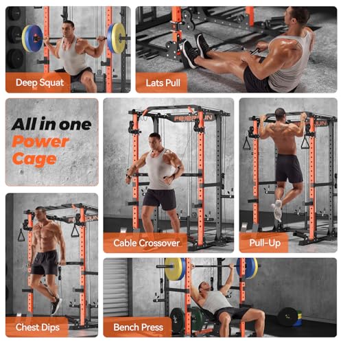 FEIERDUN Multi-Function Squat Rack Power Cage with Cable Crossover, 2000LBS Capacity, Orange/Black