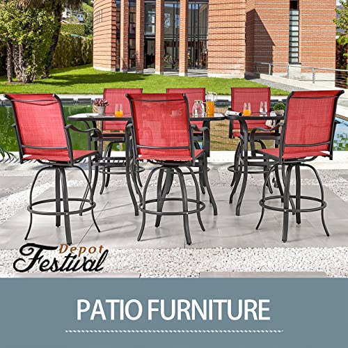 Festival Depot 9pcs Patio Dining Set Bar Height Swivel Bistro Chairs with Armrest and Tempered Glass Table Red