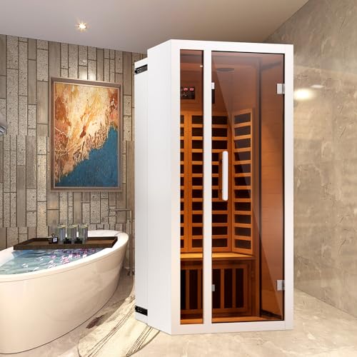 Vanity Art 2024 Far Infrared Sauna 1 Person Hemlock Wood Low EMF 6 Heating Panels 1660 Watt Bluetooth LCD LED Lights