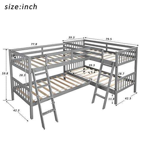 P PURLOVE L-Shaped Twin Over Twin Bunk Bed Wood Frame Grey