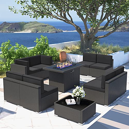 Vakollia 10-Piece Patio Furniture Set with 44" Propane Gas Fire Pit Table A5/Black-black