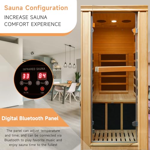 RIGO 1-Person Infrared Sauna Hemlock Wood with Bluetooth & LED Control 980W