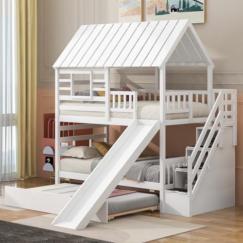 Polibi Twin-Over-Twin Bunk Bed with Storage, Trundle & Slide White