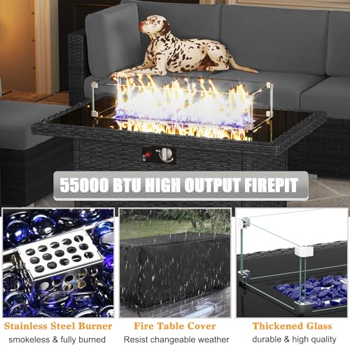 LayinSun 15 Piece Patio Furniture Set with Fire Pit Table, Wicker Rattan Sectional Sofa, Coffee Table F15-Black/Gray