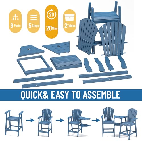 FOOWIN Tall Adirondack Chairs Set of 4 Recycled Poly Patio Stools with Tray Navy Blue