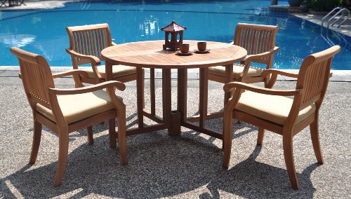 WholesaleTeak 5 Pc Luxurious Grade-A Teak Dining Set - 48" Round Butterfly Table & 4 Stacking Arbor Arm Chairs