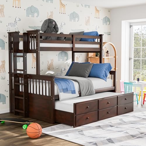 Furniture of America Barnett Solid Wood Bunk Bed with Trundle & Drawers Twin Over Full Dark Walnut