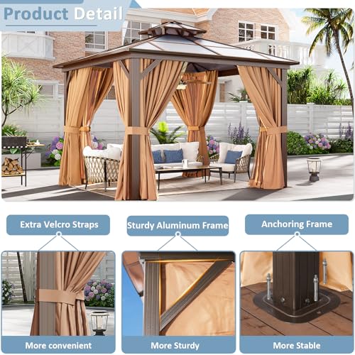 Aoxun 10'x10' Hardtop Gazebo with Netting and Curtains Brown
