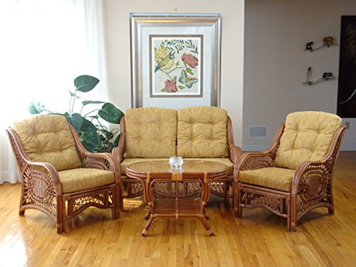 SunBear Furniture Lounge Malibu Loveseat Sofa ECO Natural Rattan Wicker Handmade Cream Cushions Cognac
