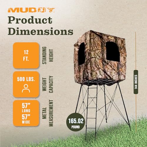 MUDDY 12 Foot Quad Pod Ladder Stand with 57" Platform and Hunting Blind, Epic Camo Multi