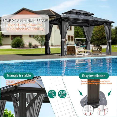 Agrestem 10X13 FT Outdoor Polycarbonate Hardtop Gazebo with Netting and Sunshade Curtains, Grey