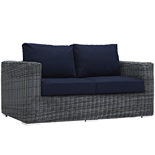 Modway Summon Wicker Rattan Outdoor Patio Loveseat Canvas Navy