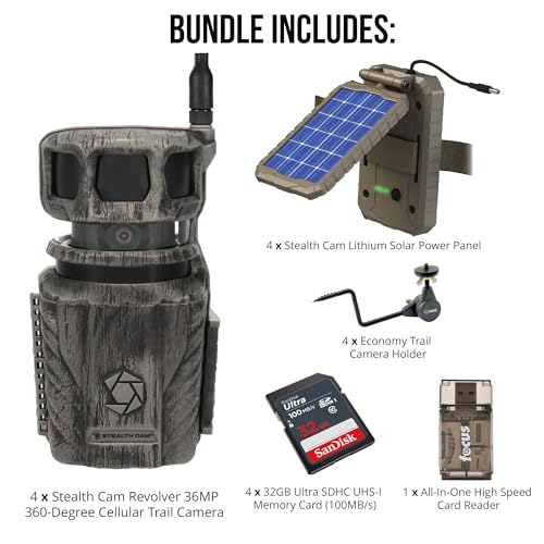Stealth Cam Revolver 36MP 360-Degree Cellular Trail Camera Bundle with Power Panel, Holder, Card, and Reader (17 Items)