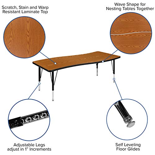 Flash Furniture Emmy 86" Oval Wave Laminate Activity Table Set with 14" Stack Chairs Oak