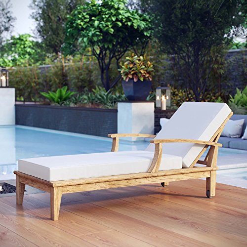 Modway Marina Premium Grade A Teak Wood Outdoor Patio Chaise Lounge Chair Natural White
