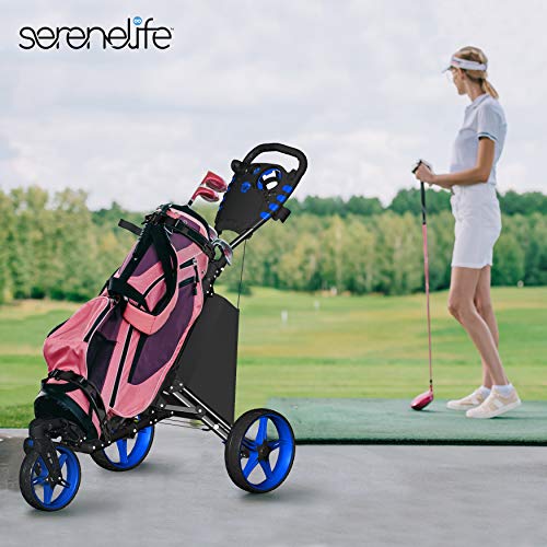 SereneLife 3 Wheel Golf Push Cart - Lightweight Folding Walking Push Cart Roller Golf Bag Holder with Brake, Bracket, and Storage - Assorted