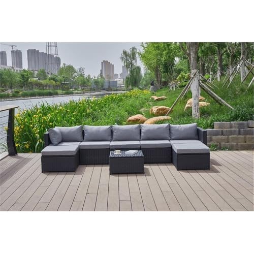 Pemberly Row Gray Wicker/Rattan Sectional with Storage Ottoman Grey