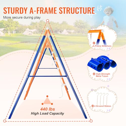 VEVOR 6-in-1 Swing Set with Swings, Trapeze, Ladder, Net & Hoop Blue/Orange