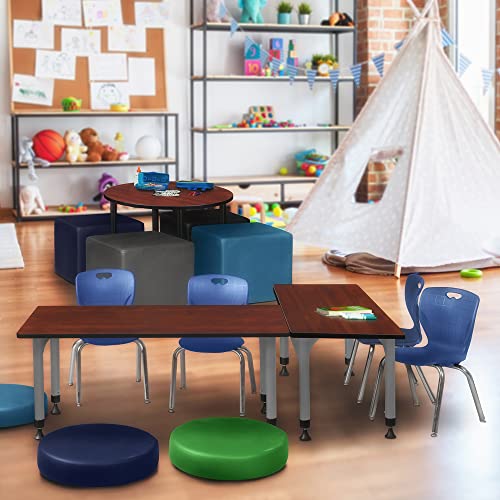 Romig Adjustable Classroom Table Cherry with 2 Navy Blue Stack Chairs