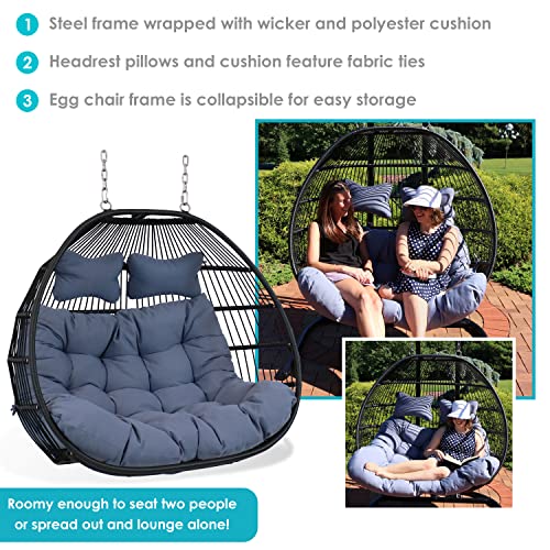 Sunnydaze Liza Loveseat Egg Chair with Gray Cushions - Black Wicker Frame - 550 lb Capacity - 43" Tall Grey