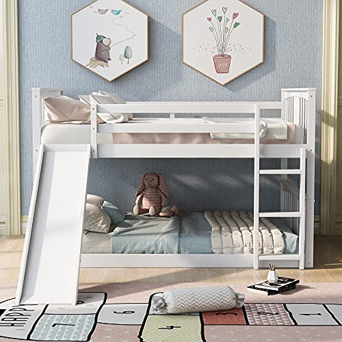 P PURLOVE Full Over Full Bunk Bed with Ladder and Slide White
