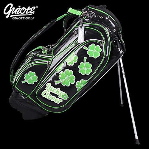 Guiote Golf Stand Bag Pu Leather Golf Carry Bag Embroidery Series 8-Ways 9.0" Black Lucky Clover