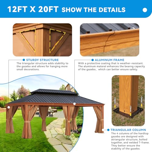 oneinmil 12' x 20' Hardtop Gazebo with Aluminum Frame and Double Roof Black17
