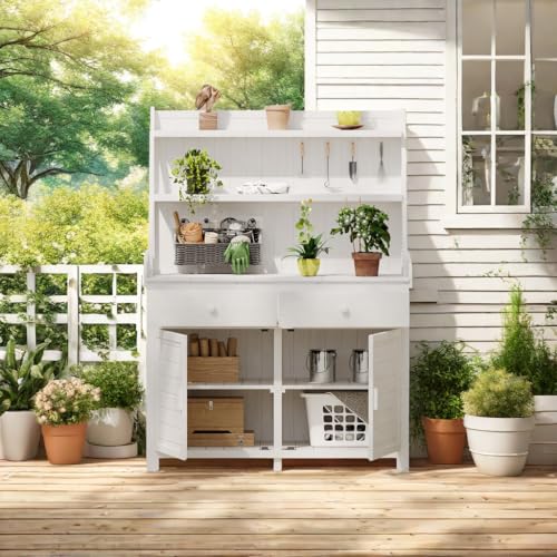ChicFurnit Fir Wood Garden Potting Bench Table 65-inch Workstation with Storage Shelf Drawer Cabinet White