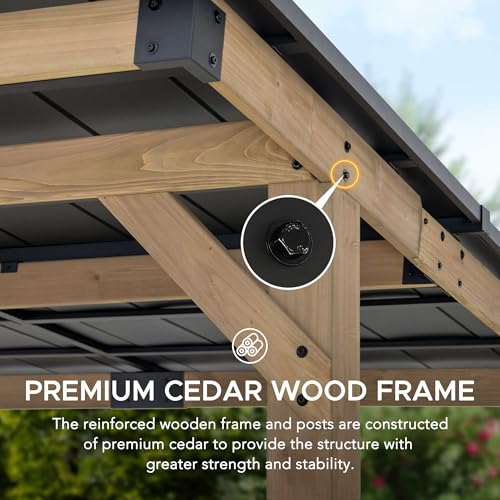 Sunjoy Wooden Grill Gazebo 10 ft. x 12 ft. Outdoor Cedar Frame with Metal Hardtop Roof and PowerPort Wood