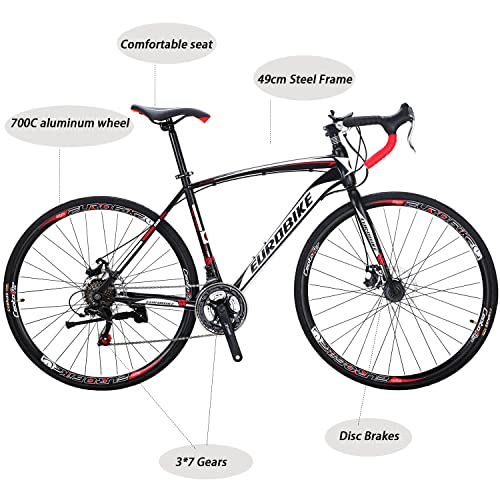 EUROBIKE Road Bike 700C Wheels 21 Speed Disc Brake Bicycle 54cm Cycling Black Red