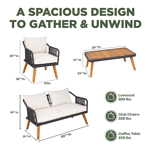 IDZO Serene Outdoor Conversation Set 4 Pieces FSC Certified Acacia Wood with Soft Cushions Cream Opal