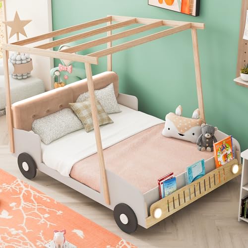YOPTO Kids Car-Shaped Floor Bed with LED Lights & Magazine Holder Natural