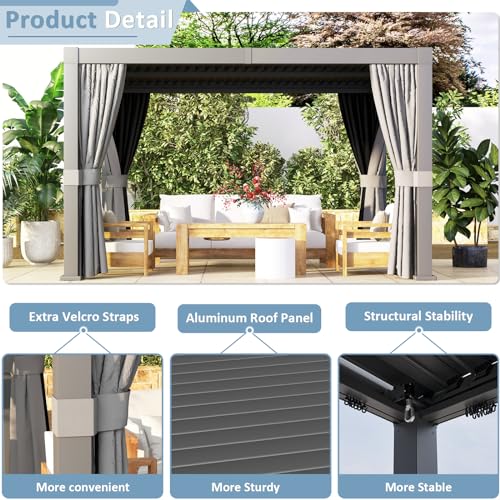 Aoxun Louvered Pergola 10x12ft Outdoor Aluminum Adjustable Roof Gray