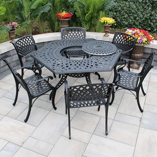 Oakland Living Modern Ornate Outdoor Mesh Aluminum 63-Inch Black Hexagon Patio Dining Set with Six Chairs