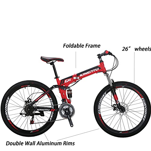 EUROBIKE 26” Full Suspension Mountain Bike 21 Speed Folding Bicycle Men or Women MTB G6 Red