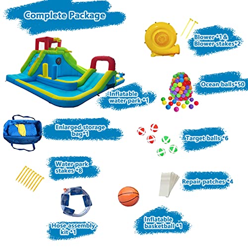 Tobargar Inflatable Water Slide Park with Dual Pools, Climbing Wall & Games, Multicolor