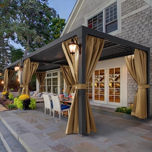 YITAHOME 10x13ft Louvered Aluminum Pergola with Adjustable Roof and Netting Brown