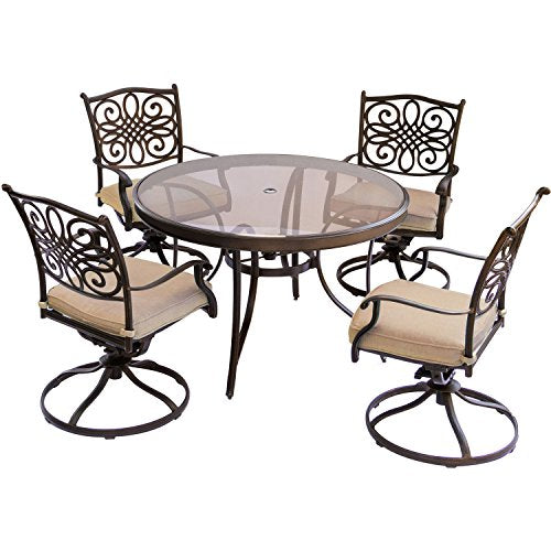 Hanover Traditions 5-Piece Outdoor Dining Set with Glass-Top Table and Swivel Rockers Tan