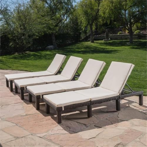 Noble House Jamaica Multi-Brown Wicker Chaise Lounge with Cream Cushion (Set of 4)