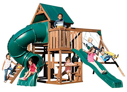 Swing-N-Slide Tellico Terrace Wood Swing Set with Slides, Climbing Wall & Swings Brown