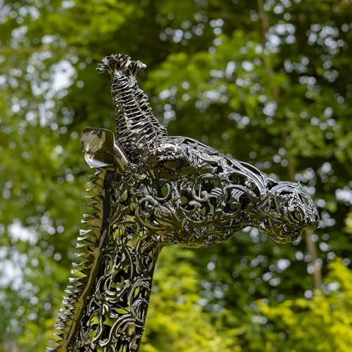 Zaer Ltd. 9 Ft Tall Mommy & 7 Ft Tall Baby Giraffe Iron Garden Statues Metallic Black and Silver