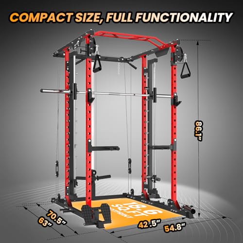 STMHOM Power Cage with Smithbar, 2000 Lbs Power Rack, Cable Crossover System, Black/Smithbar Red