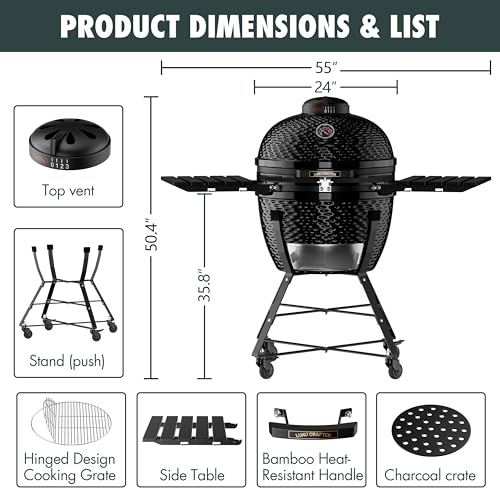 LuauCrafter 24-Inch Ceramic Charcoal Grill and Smoker with Cart Black
