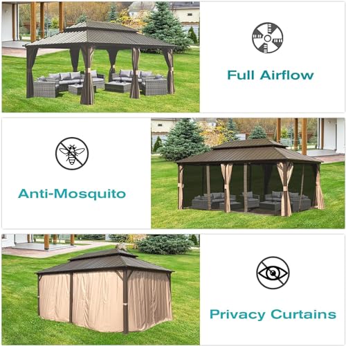 LOPOO Hardtop Gazebo Aluminum with Double Roof Brown